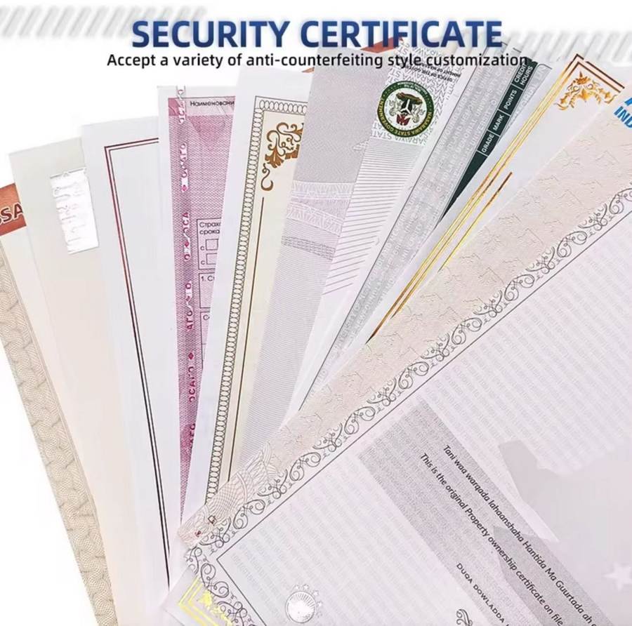 Security certificates printed with anti-counterfeiting features